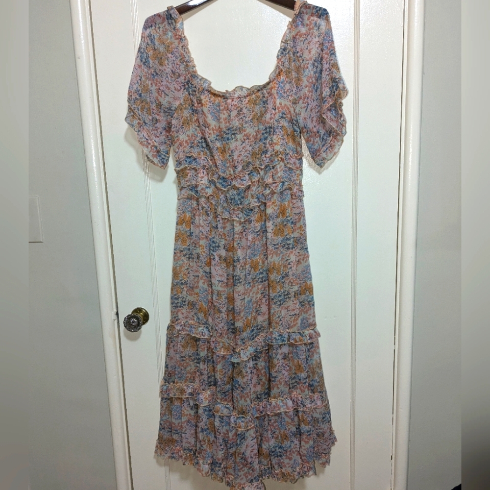 Anthropologie Love the Label Pink Floral Tiered Midi Dress Size Large